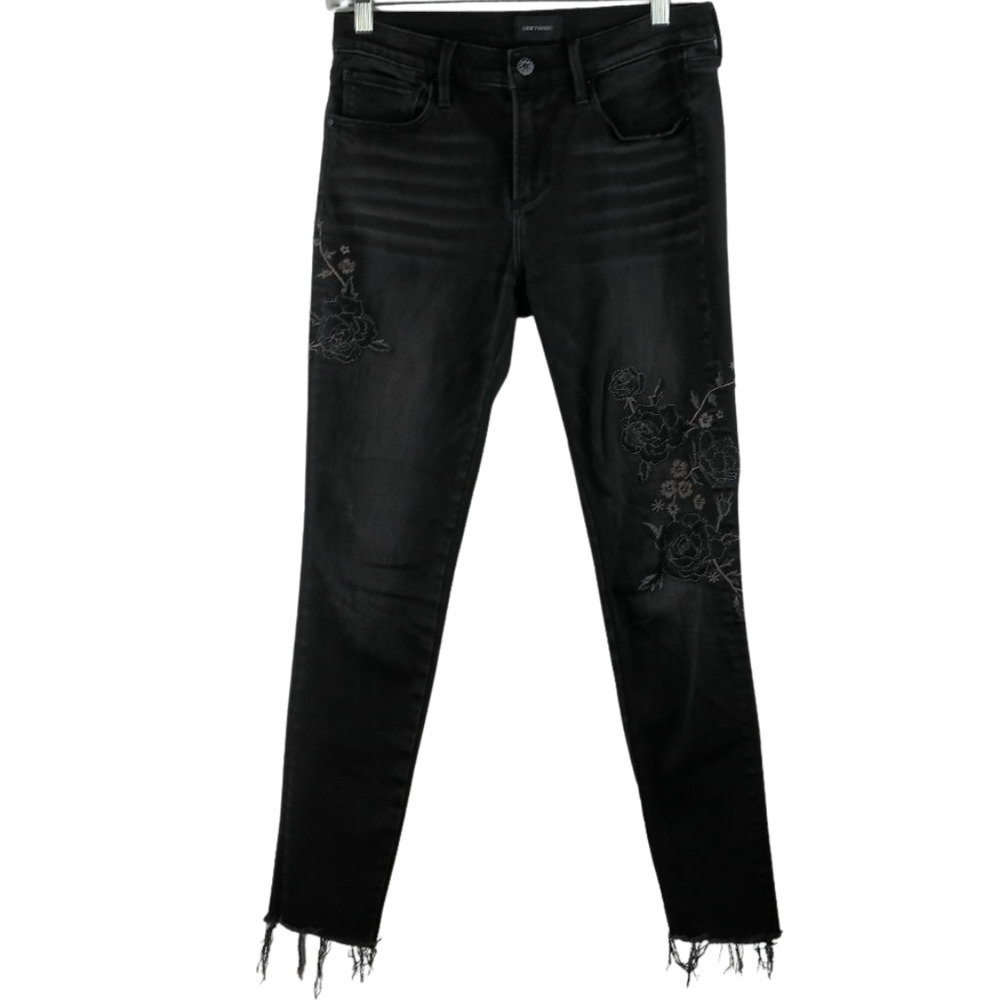 Driftwood Embroidered Destructed Skinny Jeans Size 27 Black 5-Pocket Frayed